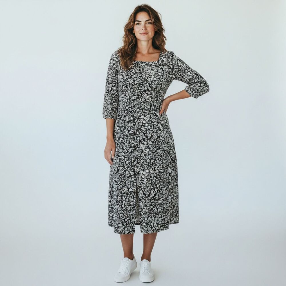 J. Jill Dress Women's XL Ditzy Floral Black White Yellow Stretch Boho